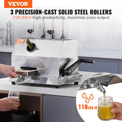 Commercial Sugar Cane Juicer, 110LBS/H High Output Sugarcane Juicer Machine With 3 Stainless Steel Rollers And 2.4" Large Inlet, Manual Sugarcane Juice Squeezer Extractor For Commercial/Home Use