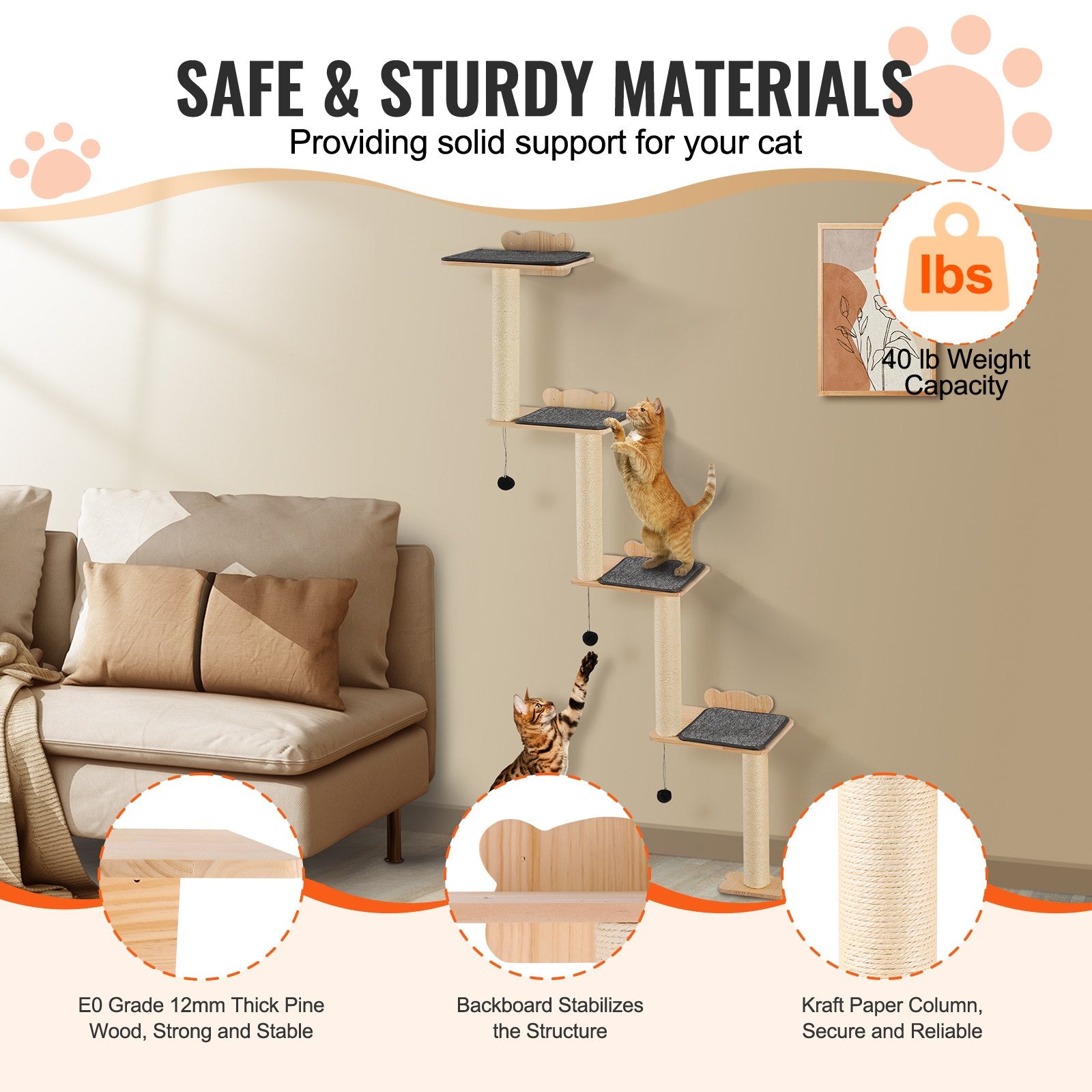 Wall Mounted Cat Shelves Tree With Platform Tree-Shaped Cat Furniture Set