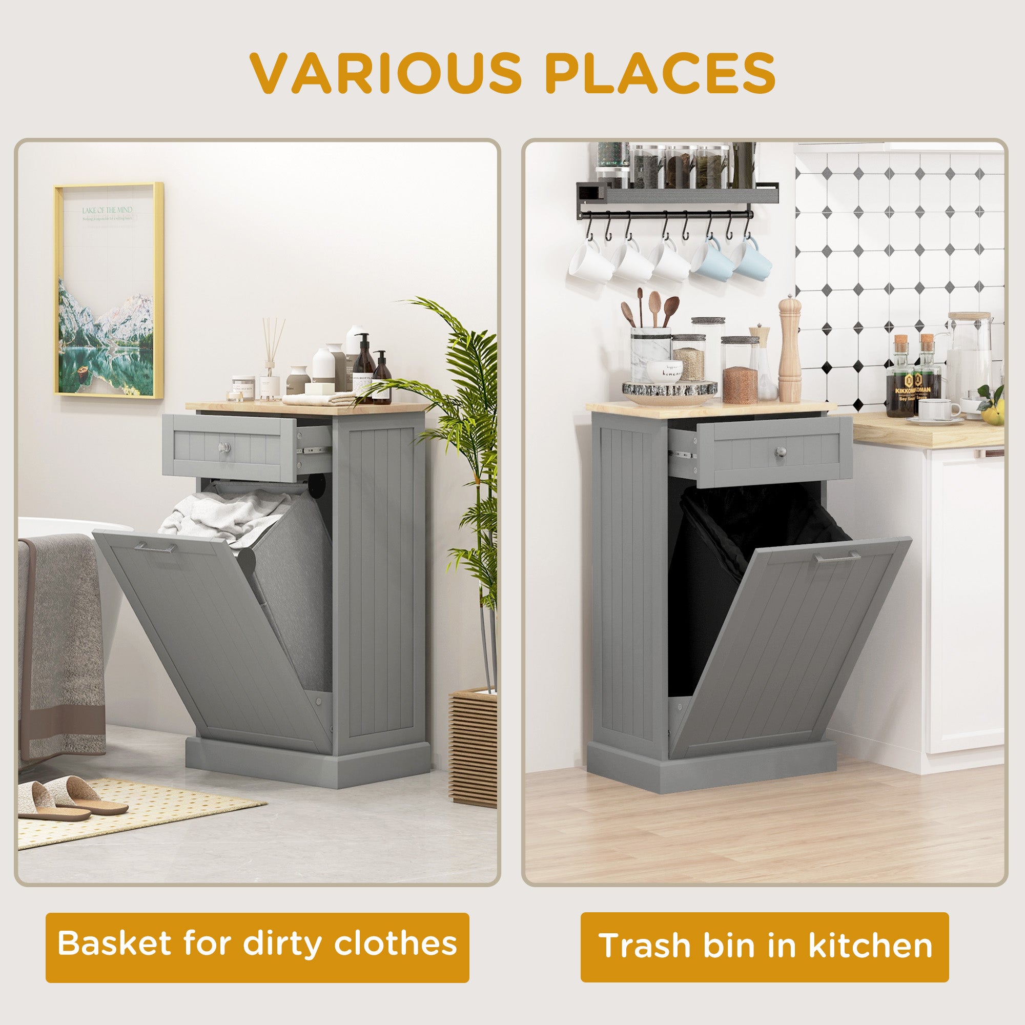 Kitchen Tilt Out Trash Bin Cabinet Free Standing Recycling Cabinet Trash Can Holder With Drawer, Gray
