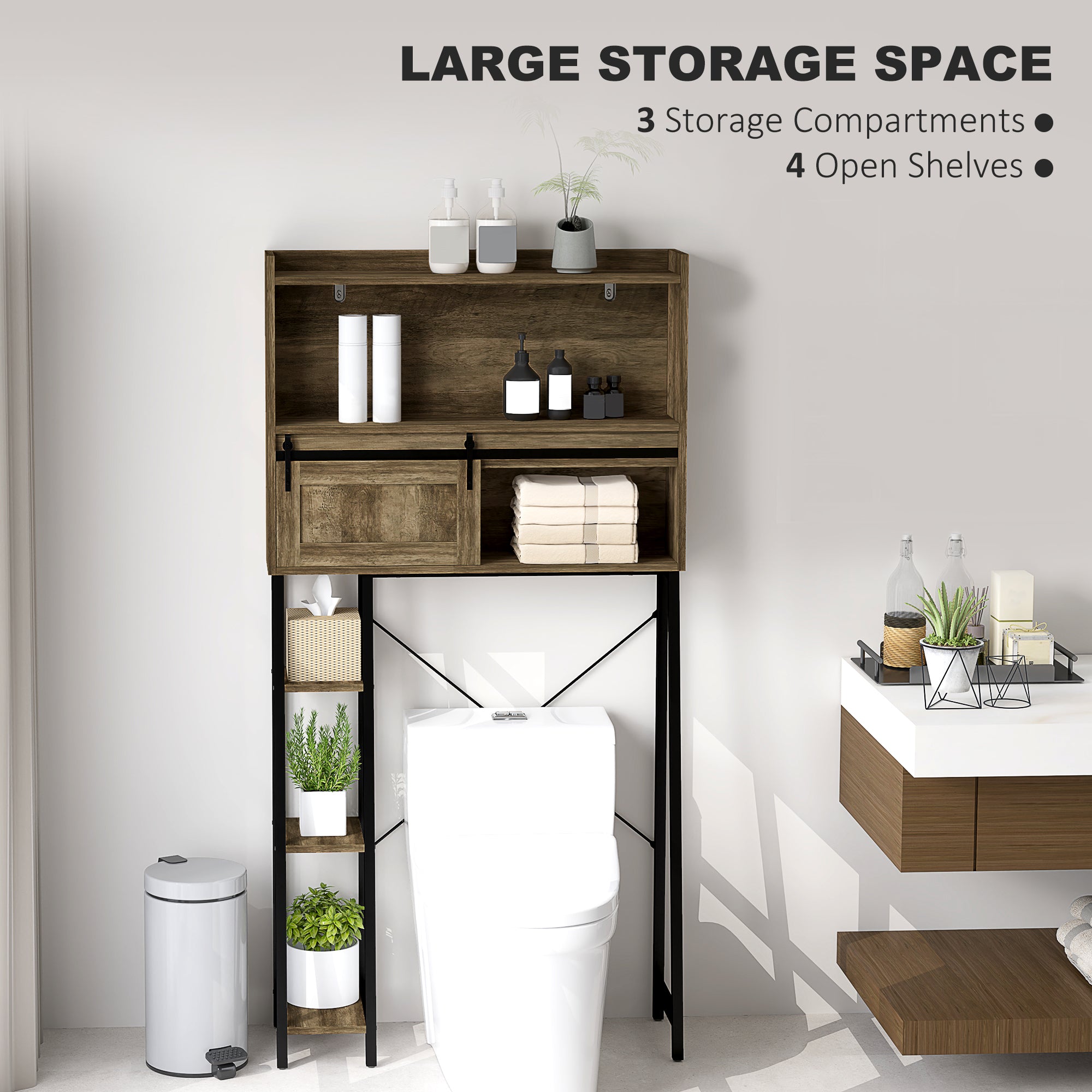 Over the Toilet Storage Cabinet, Over Toilet Bathroom Organizer with 3 Compartments, 4 Open Shelves, Distressed Brown