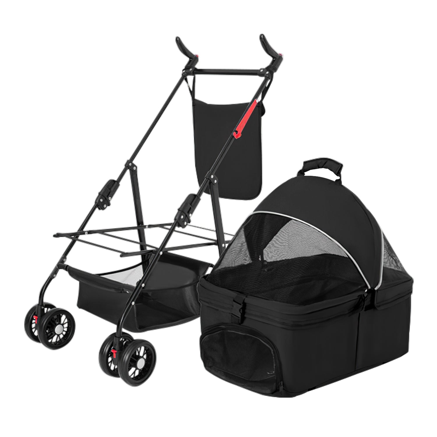 1Pc 4-Wheels Pet Stroller Foldable Carrier Strolling Cart Travel Jogger Pet Stroller With Removable Liner Storage Basket For Dog Cat