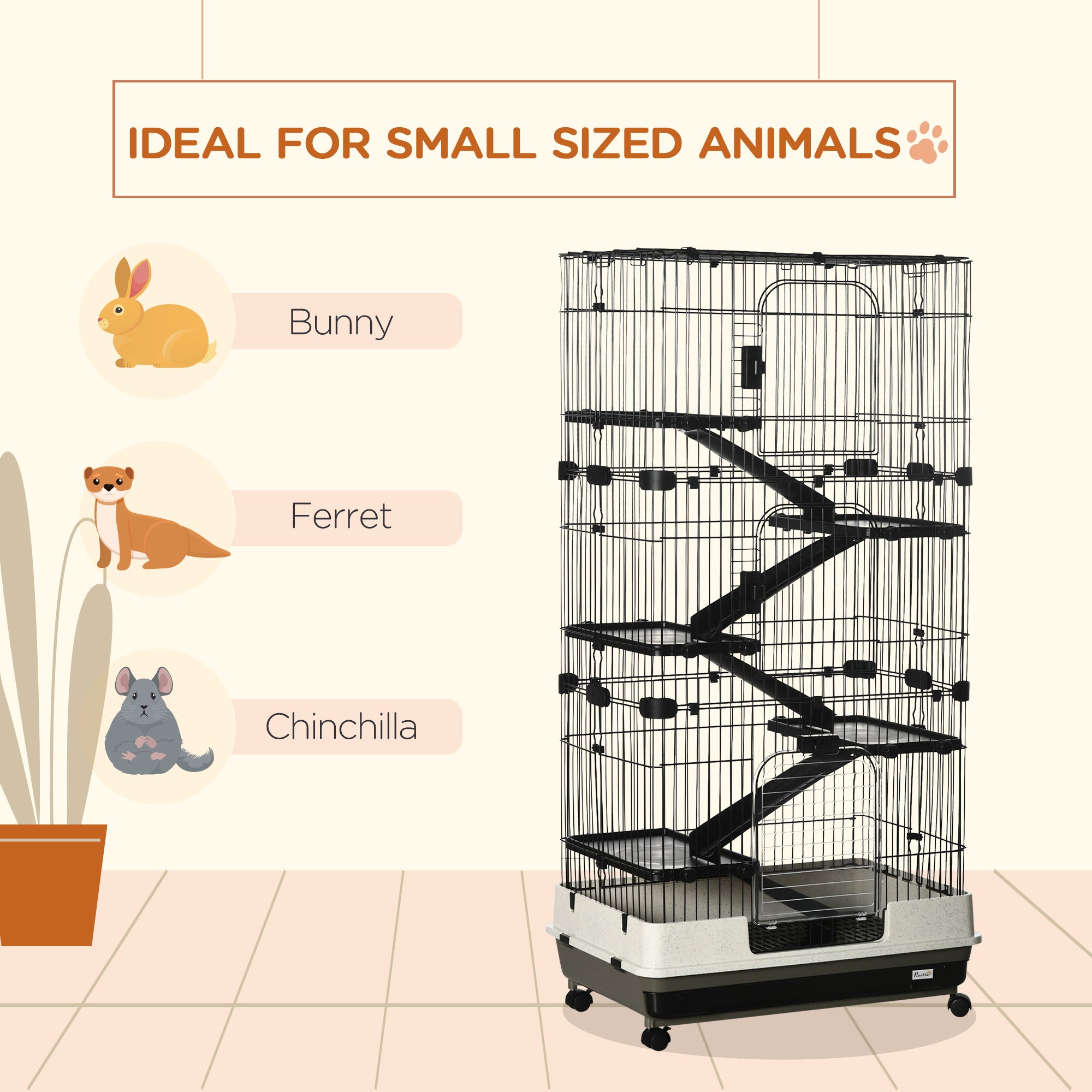 32L 6-Level Small Animal Cage Rabbit Hutch With Wheels Slide-out Tray Black For Bunny Chinchillas Ferret
