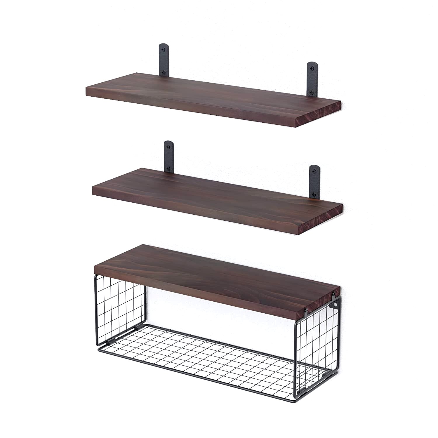 2 In 1 Floating Shelves Wall Mounted With Storage Basket Bathroom Shelves Over Toilet Wooden Shelves For Bedroom Living Room Kitchen Office Wall Decor Plants