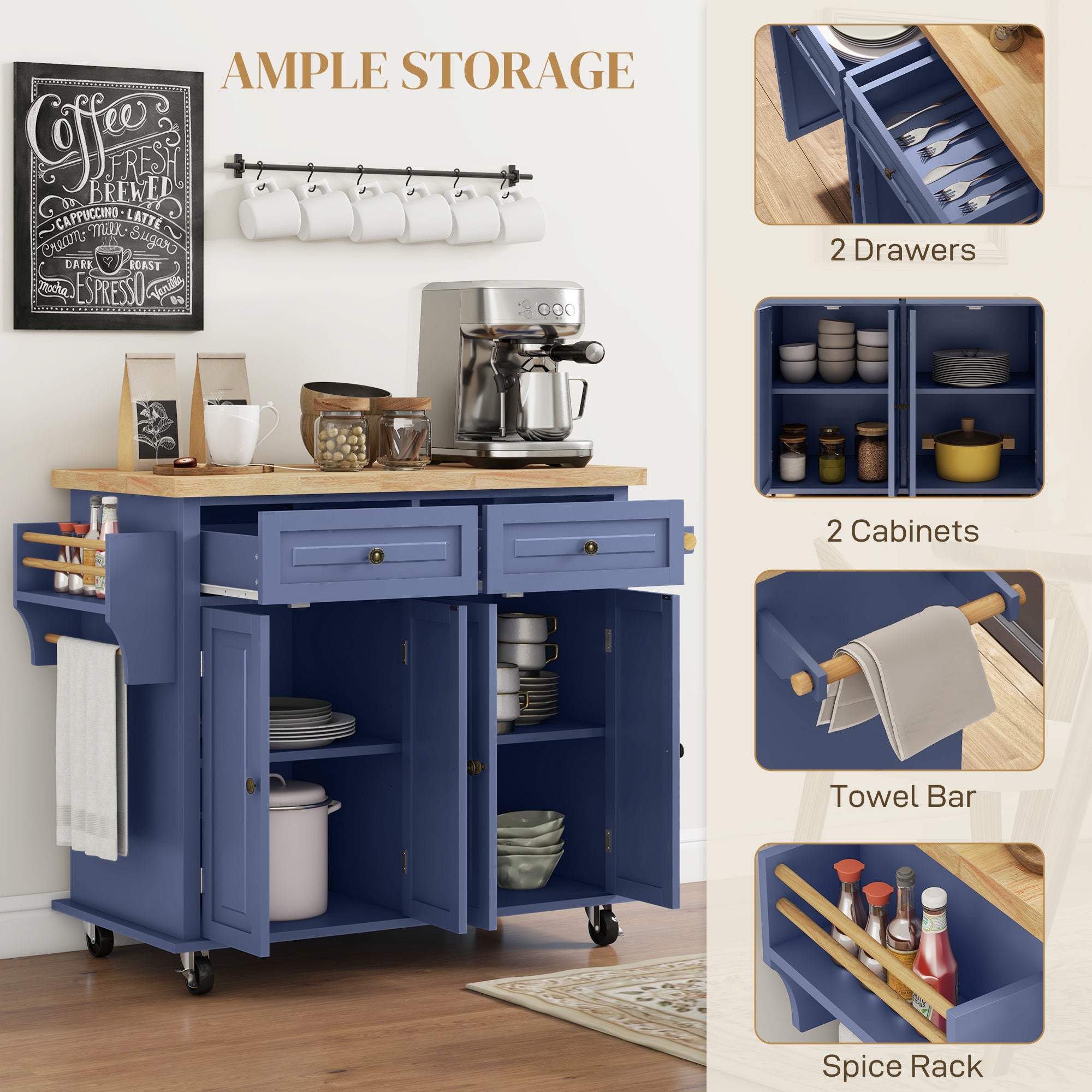 Kitchen Island on Wheels, Rolling Cart with Rubberwood Top, Spice Rack, Towel Rack and Drawers, Navy Blue