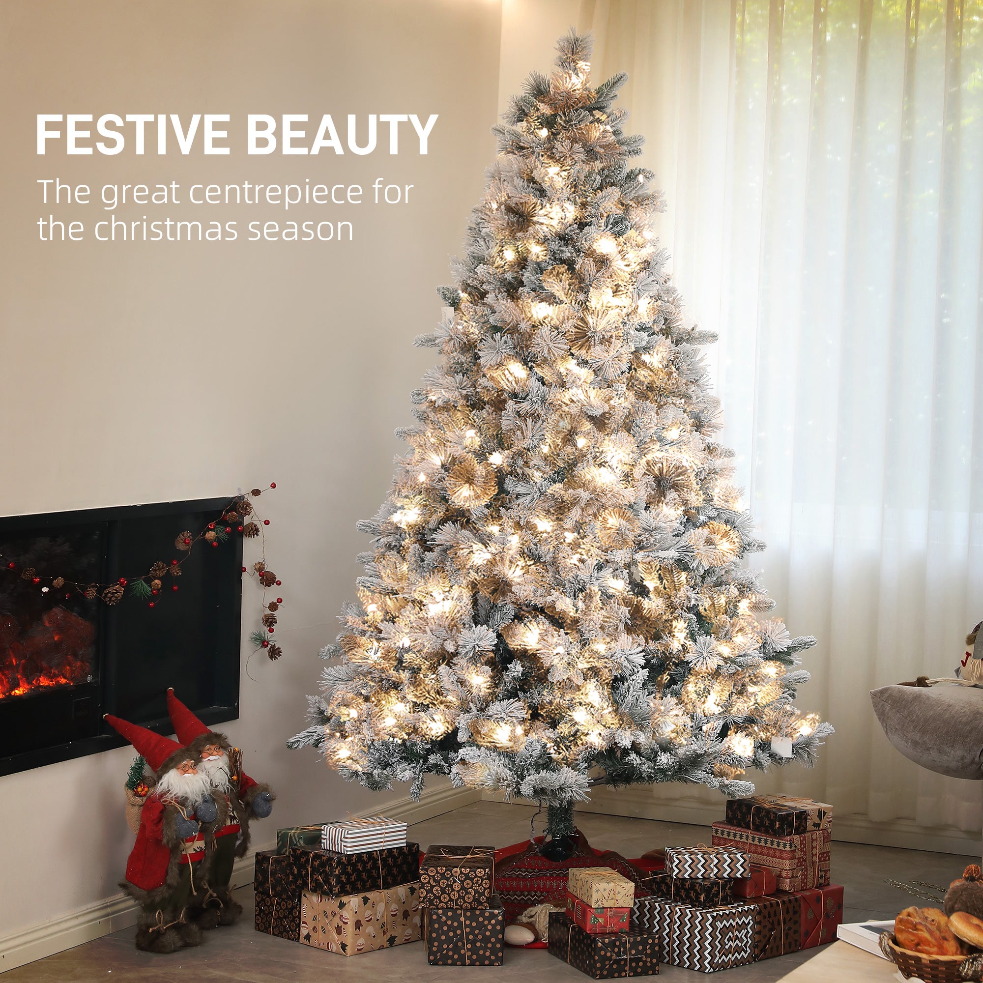 7.5 ft Prelit Flocked Artificial Christmas Tree with 500 Clear Lights, 1530 Tips, Metal Stand for Home Office Holiday