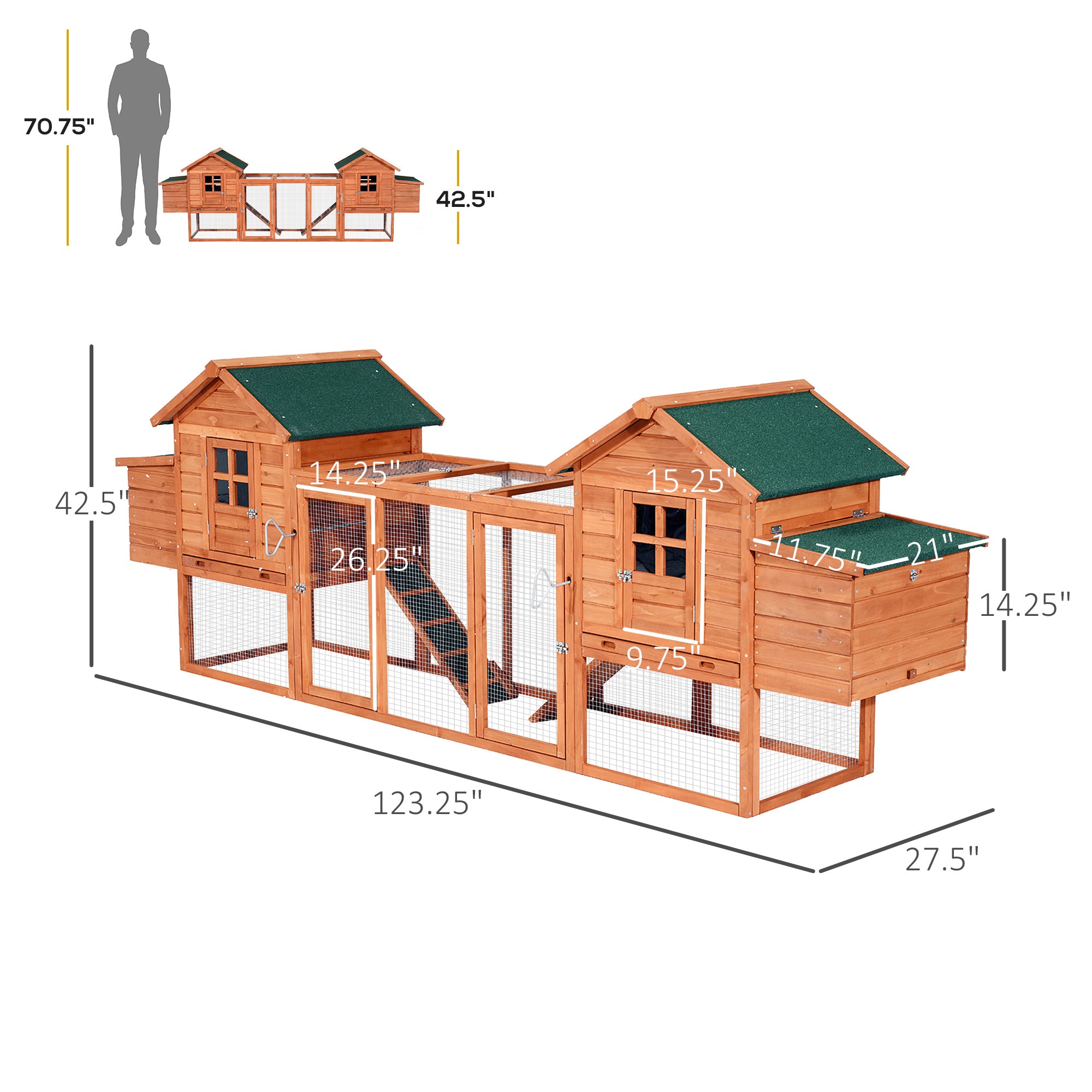 124" Dual Chicken Coop Wooden Large Chicken House Rabbit Hutch Hen Poultry Cage Backyard with Outdoor Ramps and Nesting Boxes