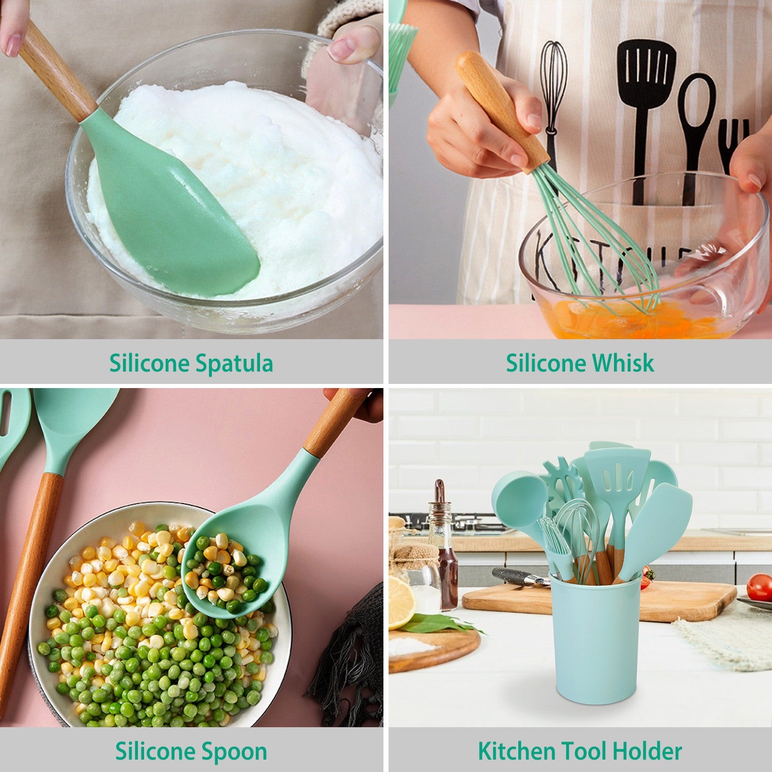 2 Color Options -- Set Of 11Pcs Silicone Cooking Utensil Set Heat Resist Wooden Handle Silicone Spatula Turner Ladle Spaghetti Server Tongs Spoon Egg Kitchenware Set With Holder