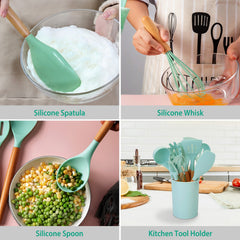 2 Color Options -- Set Of 11Pcs Silicone Cooking Utensil Set Heat Resist Wooden Handle Silicone Spatula Turner Ladle Spaghetti Server Tongs Spoon Egg Kitchenware Set With Holder