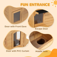 2-Story Wooden Outdoor Cat House Feral Shelter With Escape Door Asphalt Roof 4 Platforms Natural
