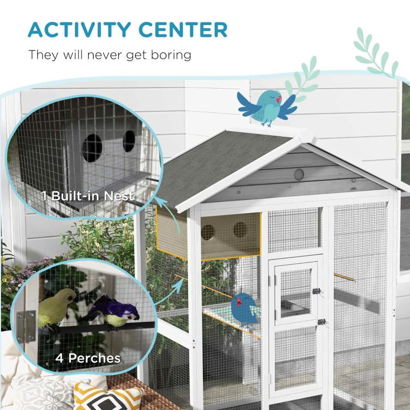 Wooden Bird Cage Aviary, Flight Cage With 4 Perches, Nest And Slide-Out Tray For Indoor Outdoor, Gray