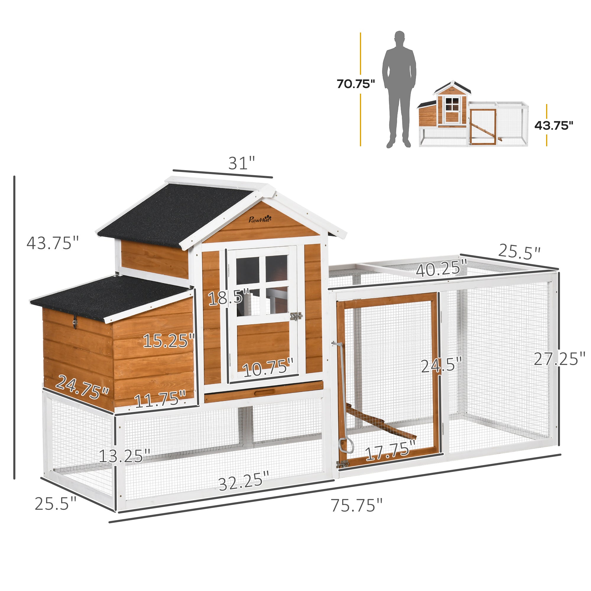 76" Wooden Chicken Coop with Safe and Healthy Non-Polluting Materials, Outdoor Hen House Poultry Cage with Weatherproof Materials