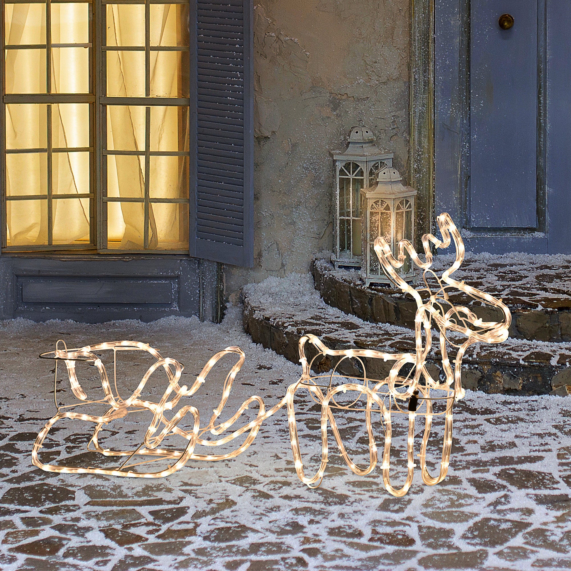 35" Christmas Reindeer and Sleigh with LED Motif Warm Lighting