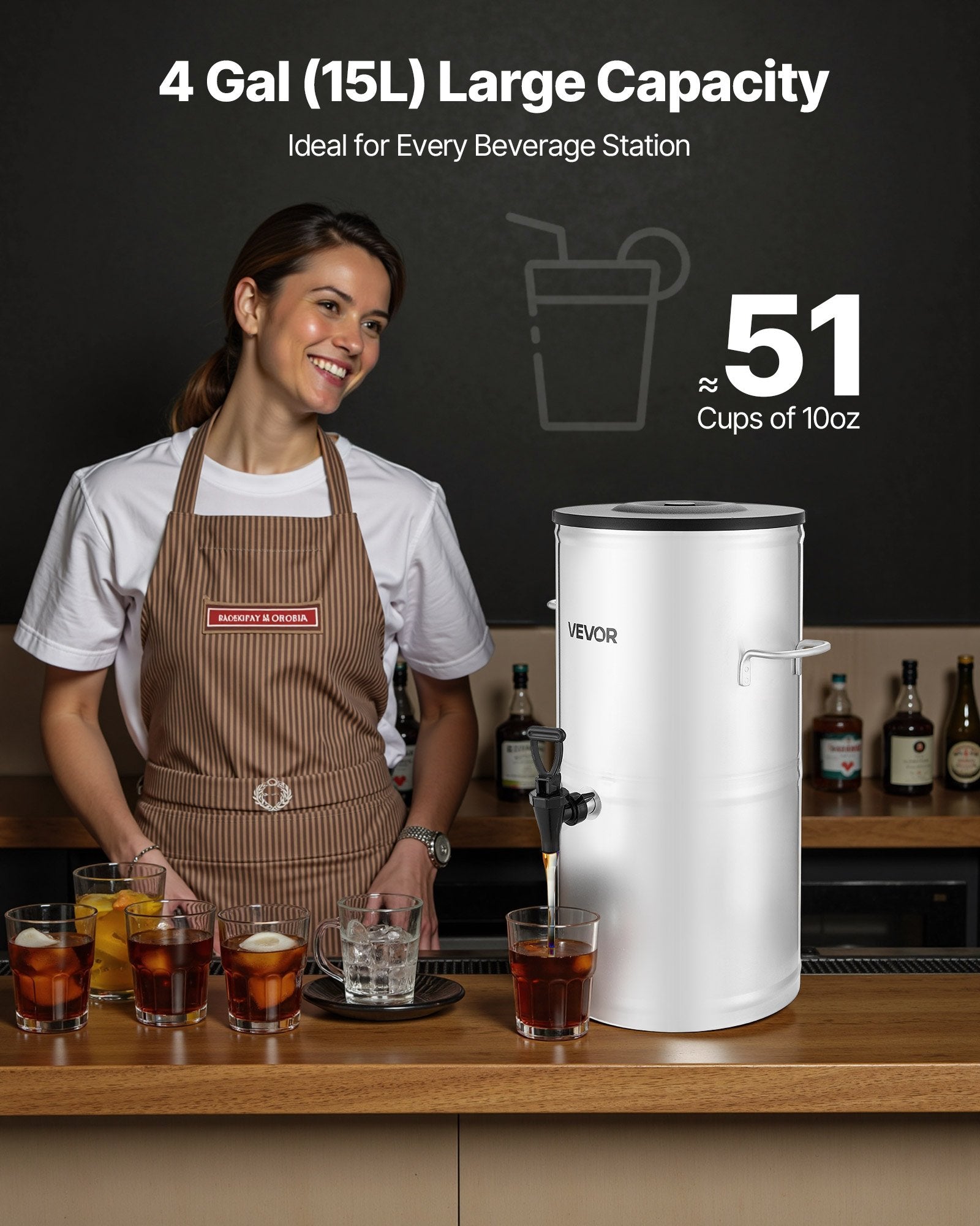 Ice Tea Dispenser 4 Gal/15L For Iced Tea Juice Coffee 304 Stainless Steel