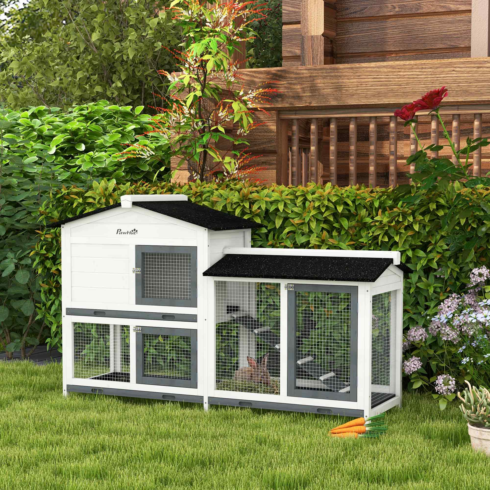 62" Rabbit Hutch, Wooden Bunny Hutch, Guinea Pig Cage, Small Animal Enclosure with Run Area, Removable Tray, Asphalt Roof, Lockable Doors and Ramp, for Rabbits, Chickens, Ducks, White