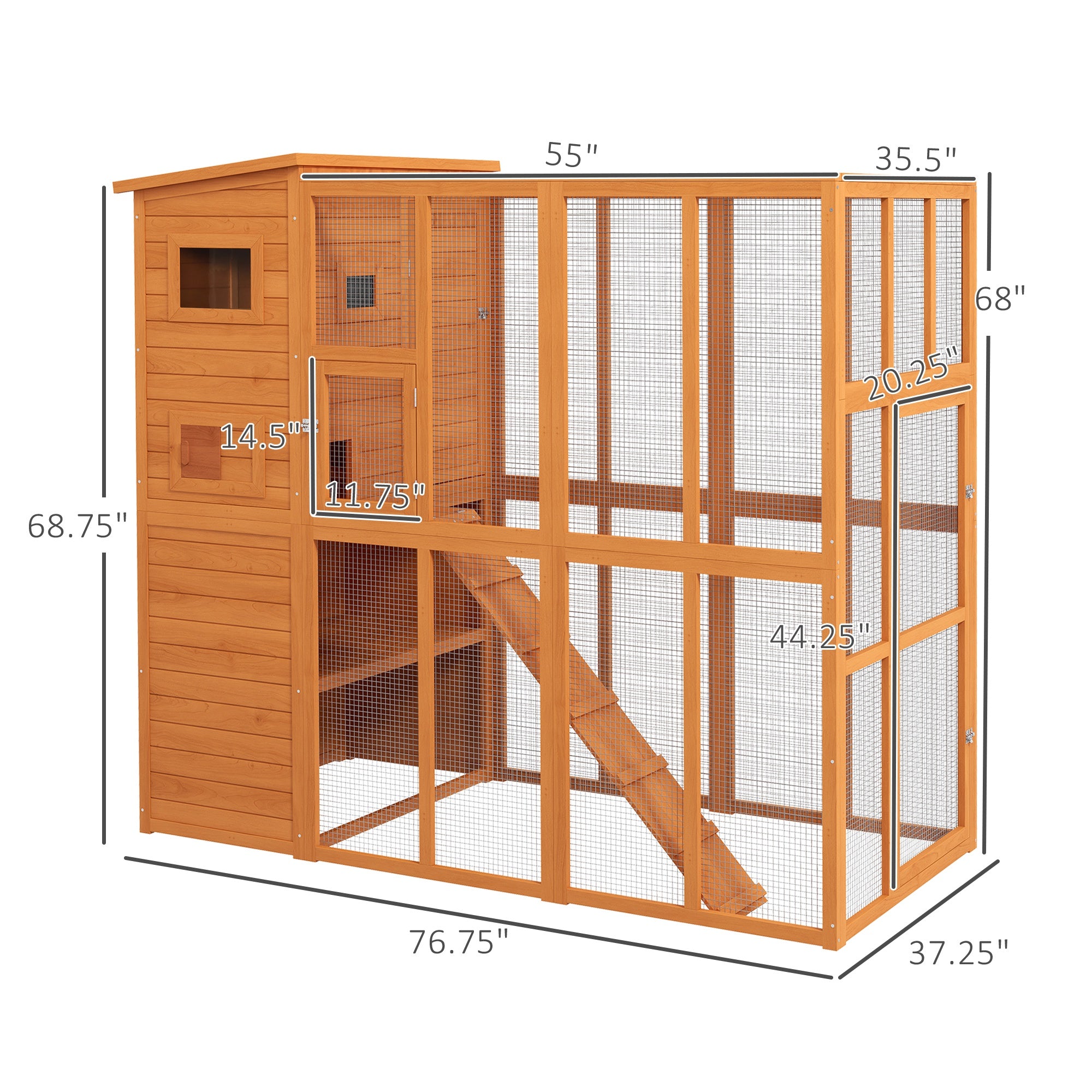 Wooden Outdoor Catio with Platforms, Asphalt Roof, Ramps, Natural
