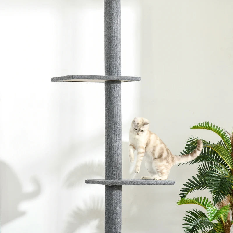 PawHut Floor-to-Ceiling Cat Tree Cat Climbing Tower With Sisal-Covered Scratching Posts Natural Cat Tree Activity Center For Kittens Cat Tower Furniture, Grey