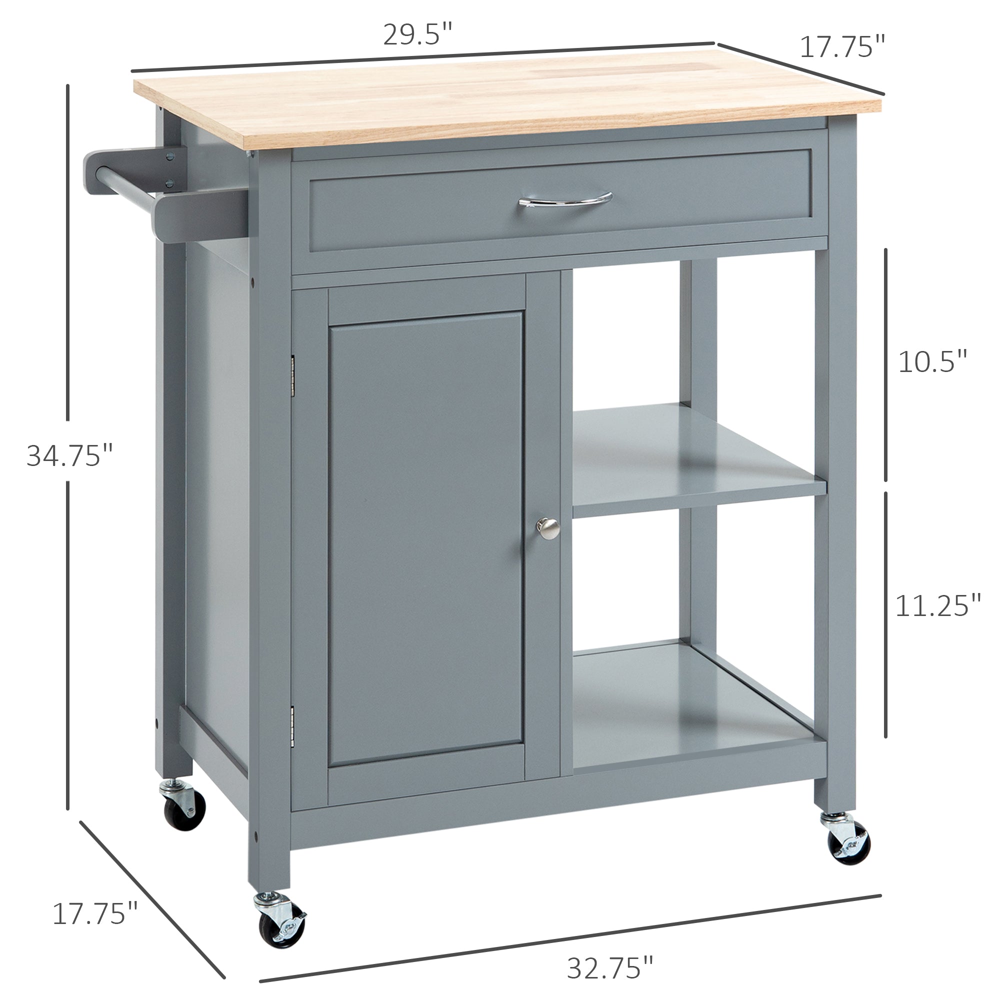 Kitchen Island Cart, Rolling Kitchen Island with Storage Shelf, Solid Wood Top, Drawer, for Dining Room, Gray