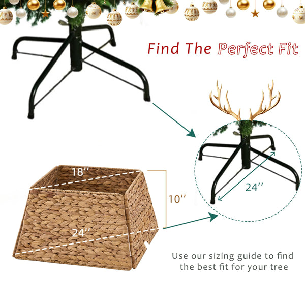 Handcrafted Openwork Woven Hyacinth Wicker Christmas Tree Skirt - Tree Collar & Christmas Tree Base Cover, 24In, Natural