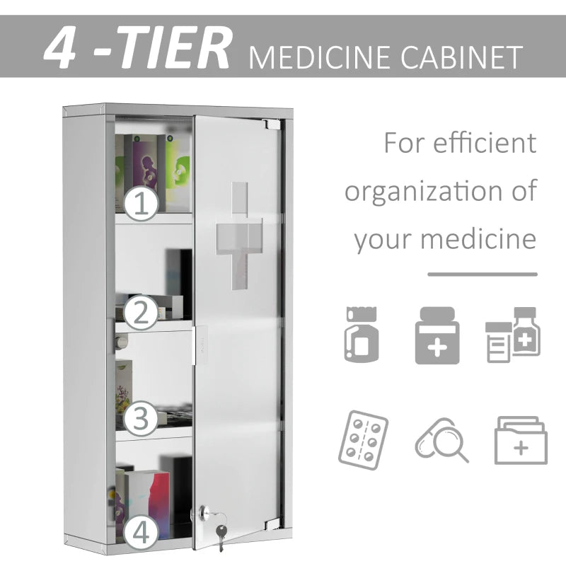 Lockable Medicine Cabinet, 4 Tier Stainless Steel Medical Wall Box With 2 Keys And Shelves For Bathroom