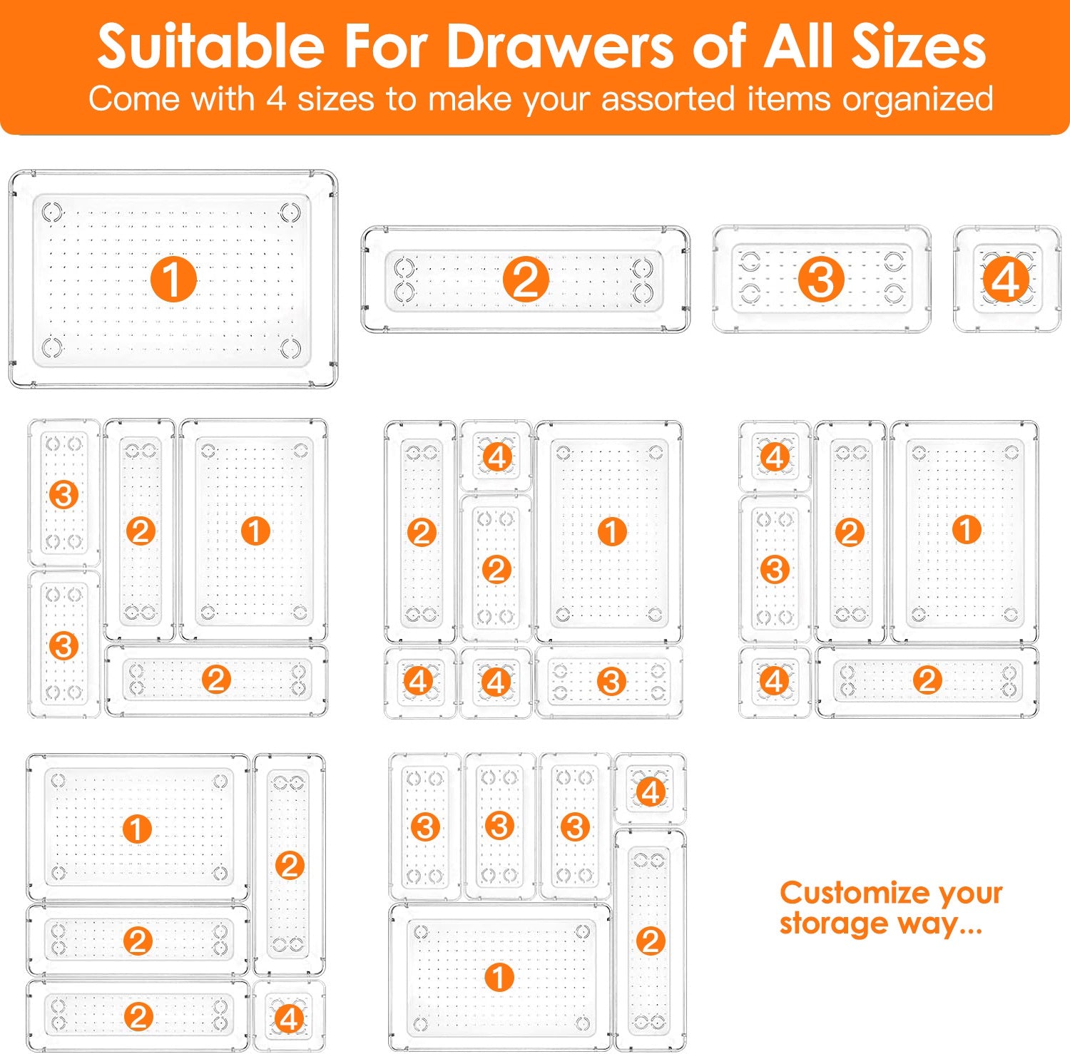 25Pcs Clear Plastic Drawer Organizers Set 4 Sizes Desk Drawer Dividers Trays Storage Bins For Vanity Cabinet Makeup Bathroom Office Kitchen Bedroom Jewelry