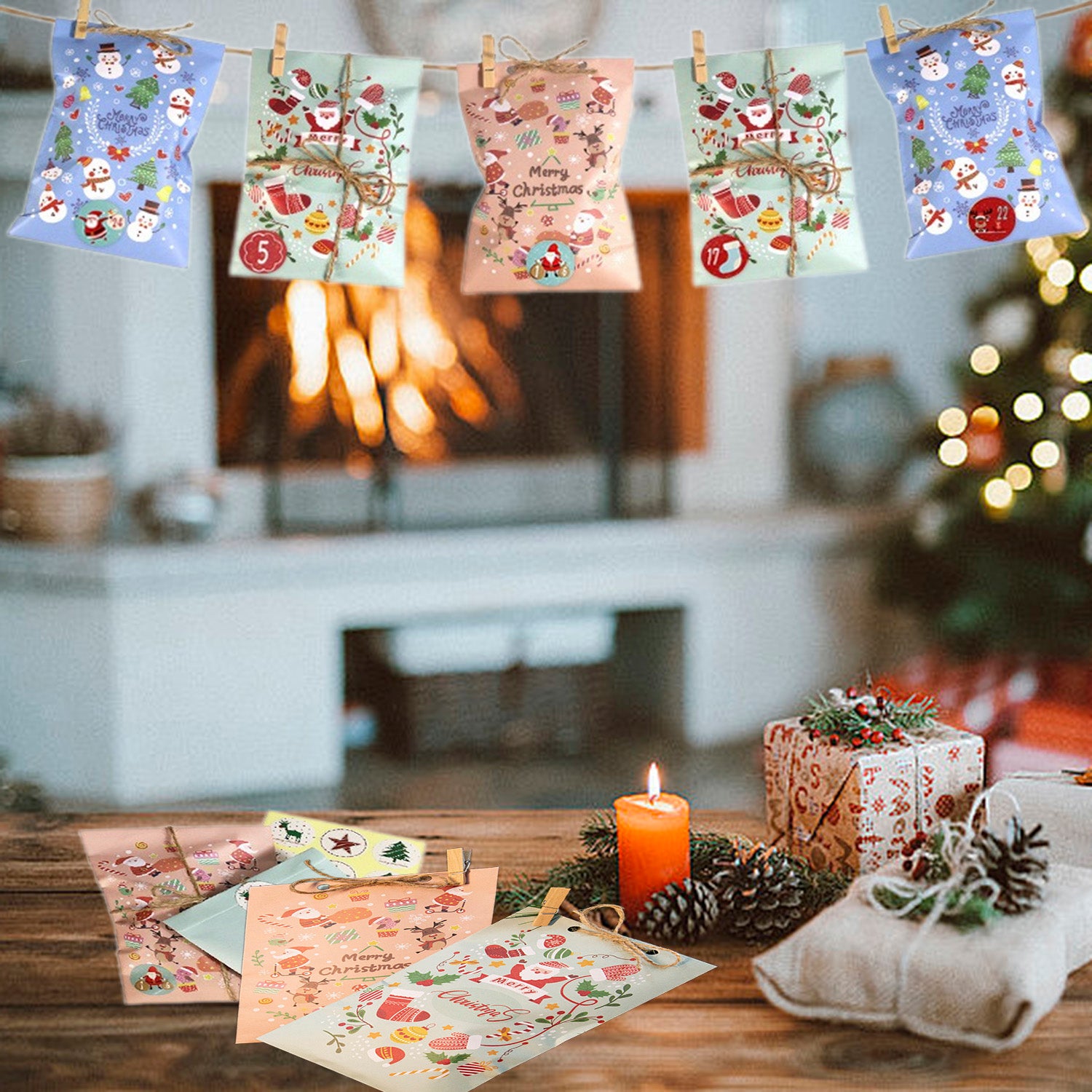48 Pack Christmas Advent Calendar Bags Kit Envelope Shape Paper Gift Bags With Advent Numbers Stickers Clips And Rope Santa Claus Snowman Pattern Goodie Candy Treat Bags For Xmas Party Tree Decoration