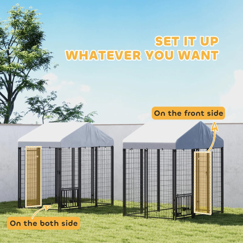Outdoor Dog Kennel With Roof, Rotating & 4-Level Adjustable Bowls
