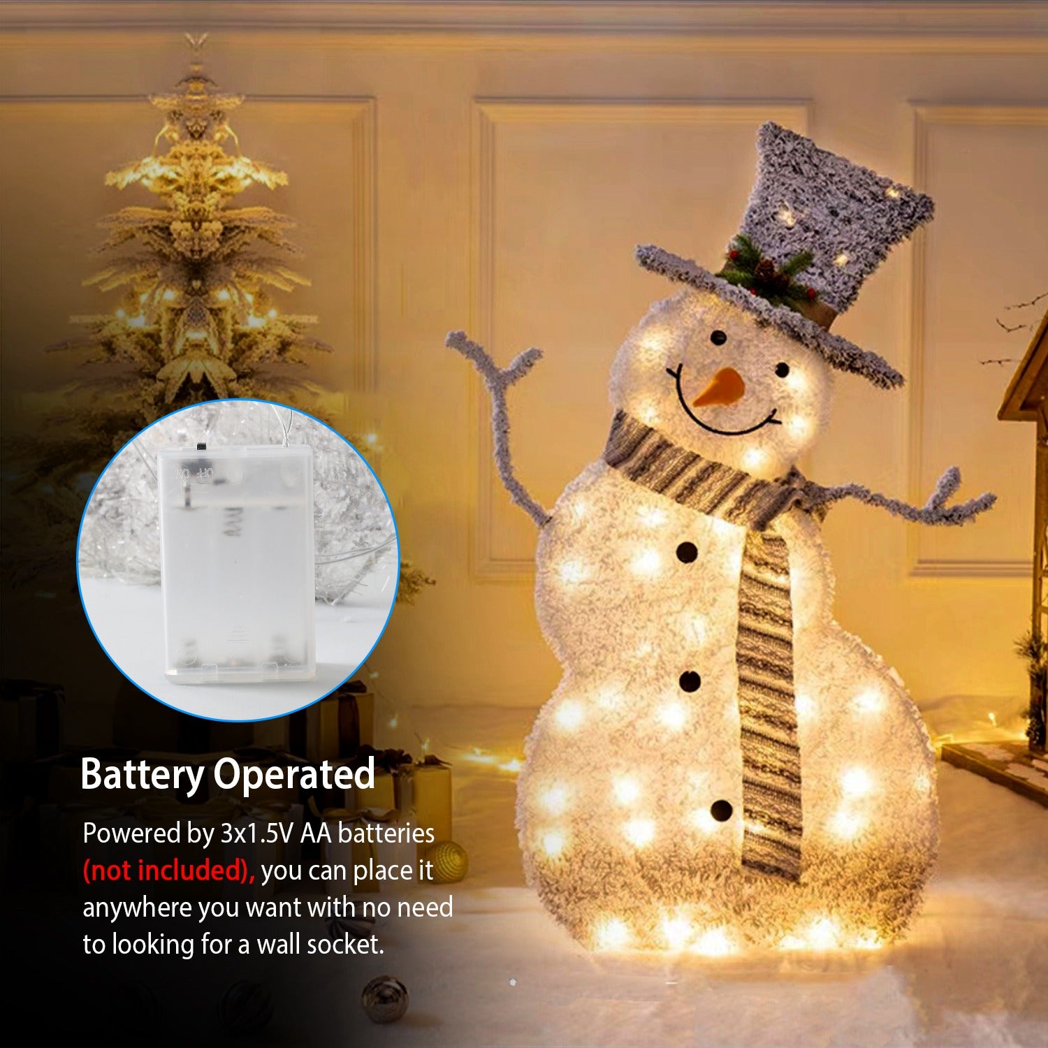 1Pc LED Christmas Snowman Decoration Light Collapsible Battery Operated Lighted Snowman Indoor Outdoor Garden Light With Removable Hands Scarf