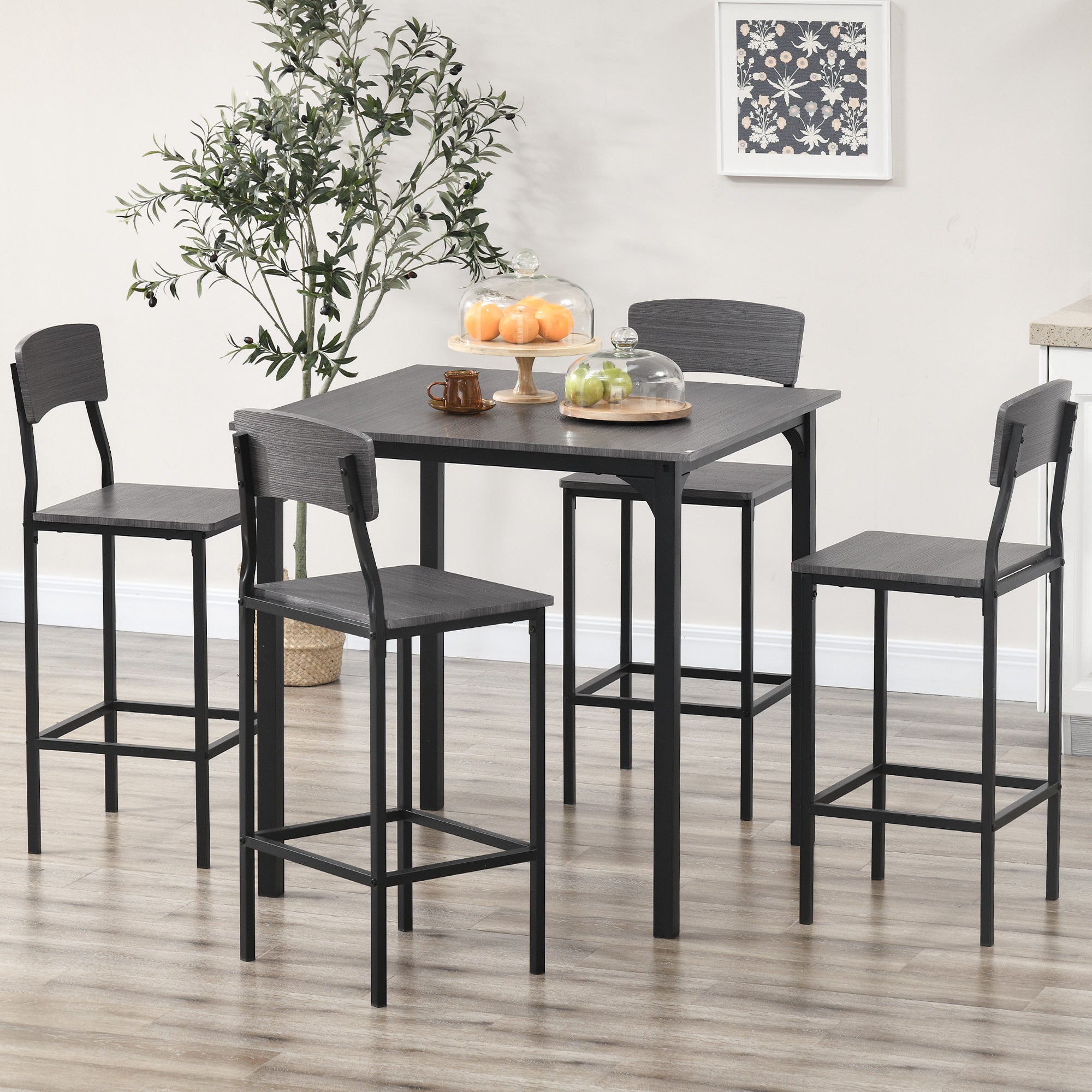 5-Piece Counter Height Bar Table with Space-Saving Design, Square Kitchen Table and Chairs Set with Footrest, Metal Legs, Industrial Dining Table Set for 4, Gray