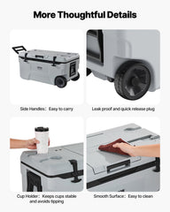 Portable Cooler 74 QT Insulated Wheeled Cooler 120 Can Capacity With Cup Holder