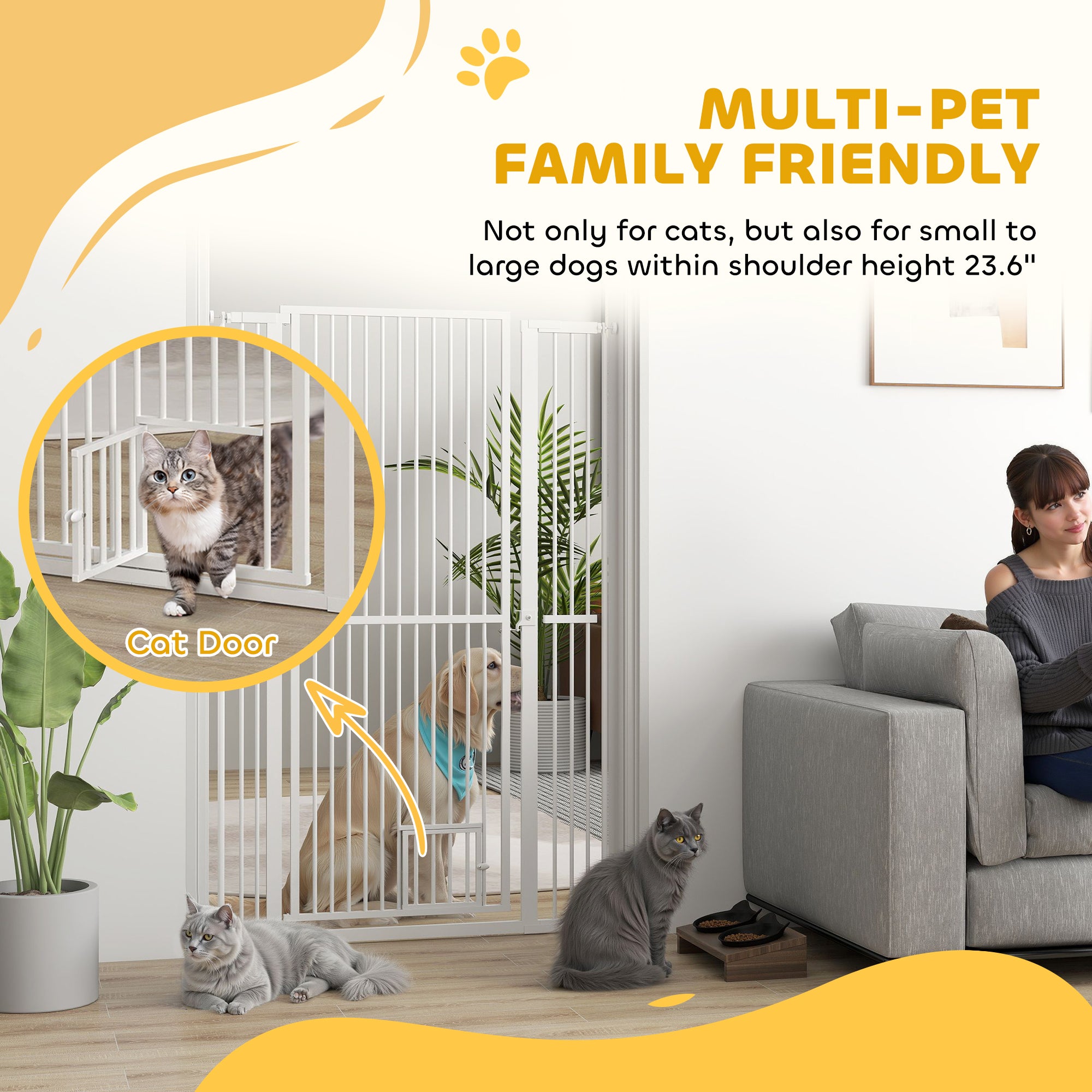 59" Extra Tall Pet Gate, 30"-41" Dog Gate with Cat Door, 1.4" Narrow Gap, 2.8" and 5.5" Extension, for Doorway, Hallway