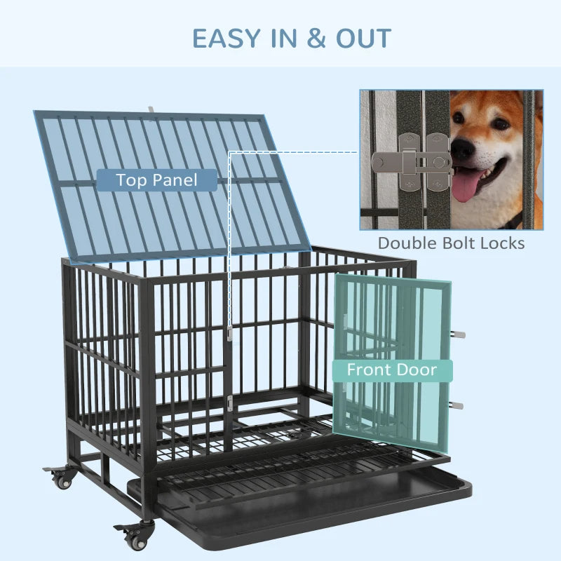 Heavy Duty Dog Crate Metal Cage Kennel With Lockable Wheels, Double Door And Removable Tray, Gray