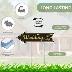 4 Pieces Wedding This Way Sign With Stake Black Golden Arrow Shaped Garden Signs Double Sided Corrugated Plastic Wedding Road Sign