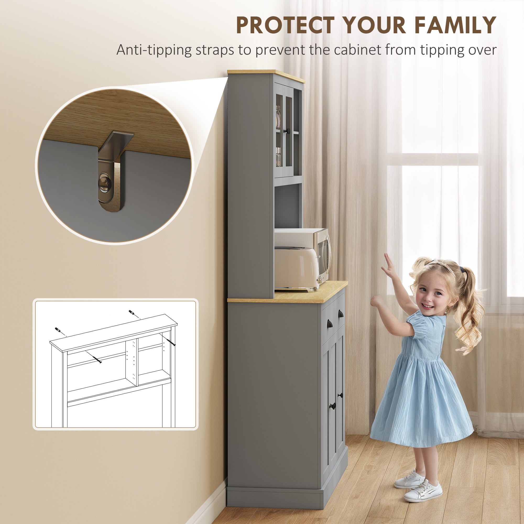 Freestanding Kitchen Cabinet, 71" Tall Pantry Cabinet, Modern Hutch with Wide Countertop, Adjustable Shelves, Gray