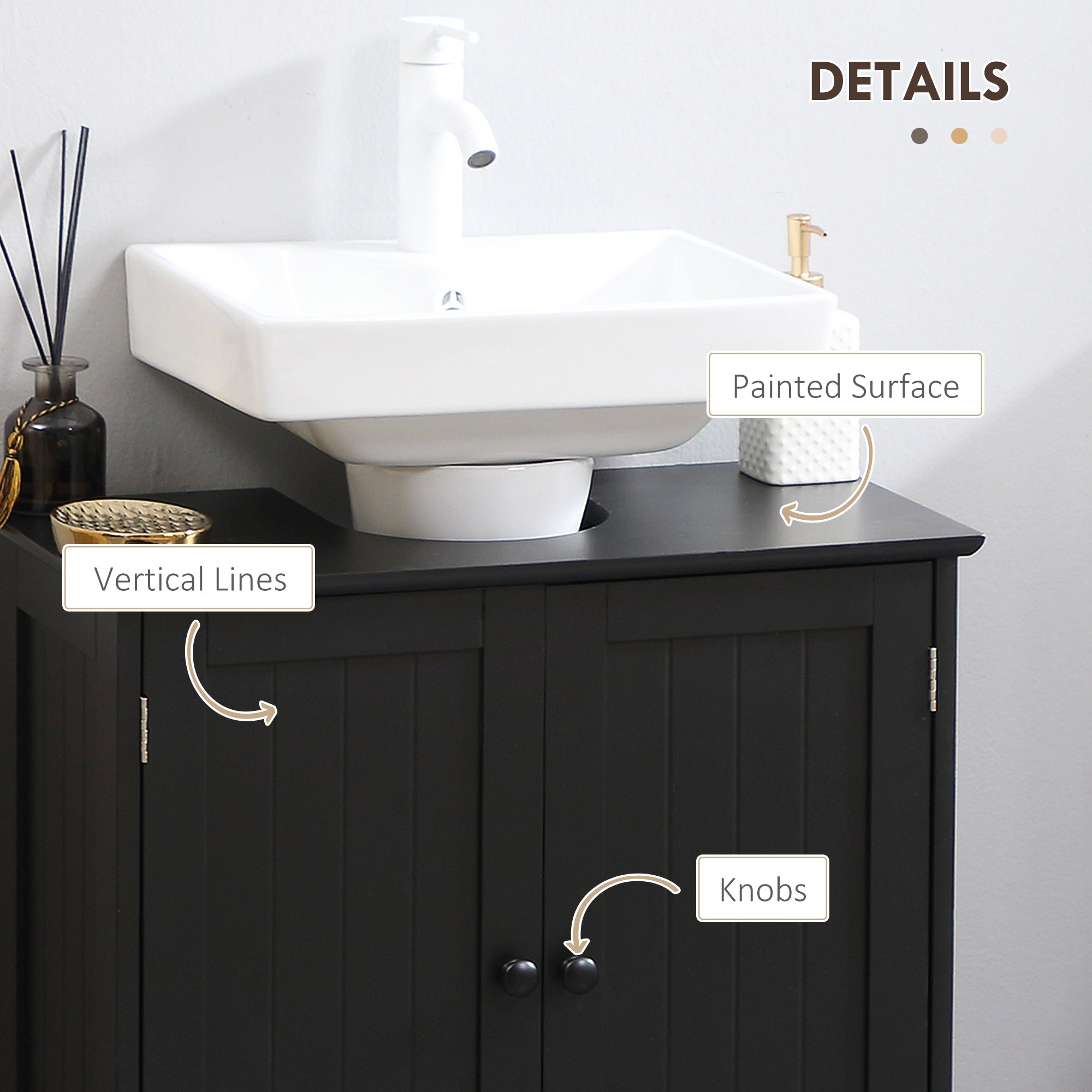 Under Sink Bathroom Cabinet, Pedestal Sink Storage Cabinet with 2 Doors, Shelf and U-Shape, Black