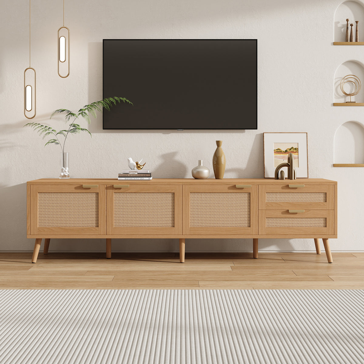 70inch Modern TV Stand With Rattan Doors For TVs Up To 80, Media Console With Storage Space, 2 Drawers & Cable Holes, Entertainment Center For Living Room