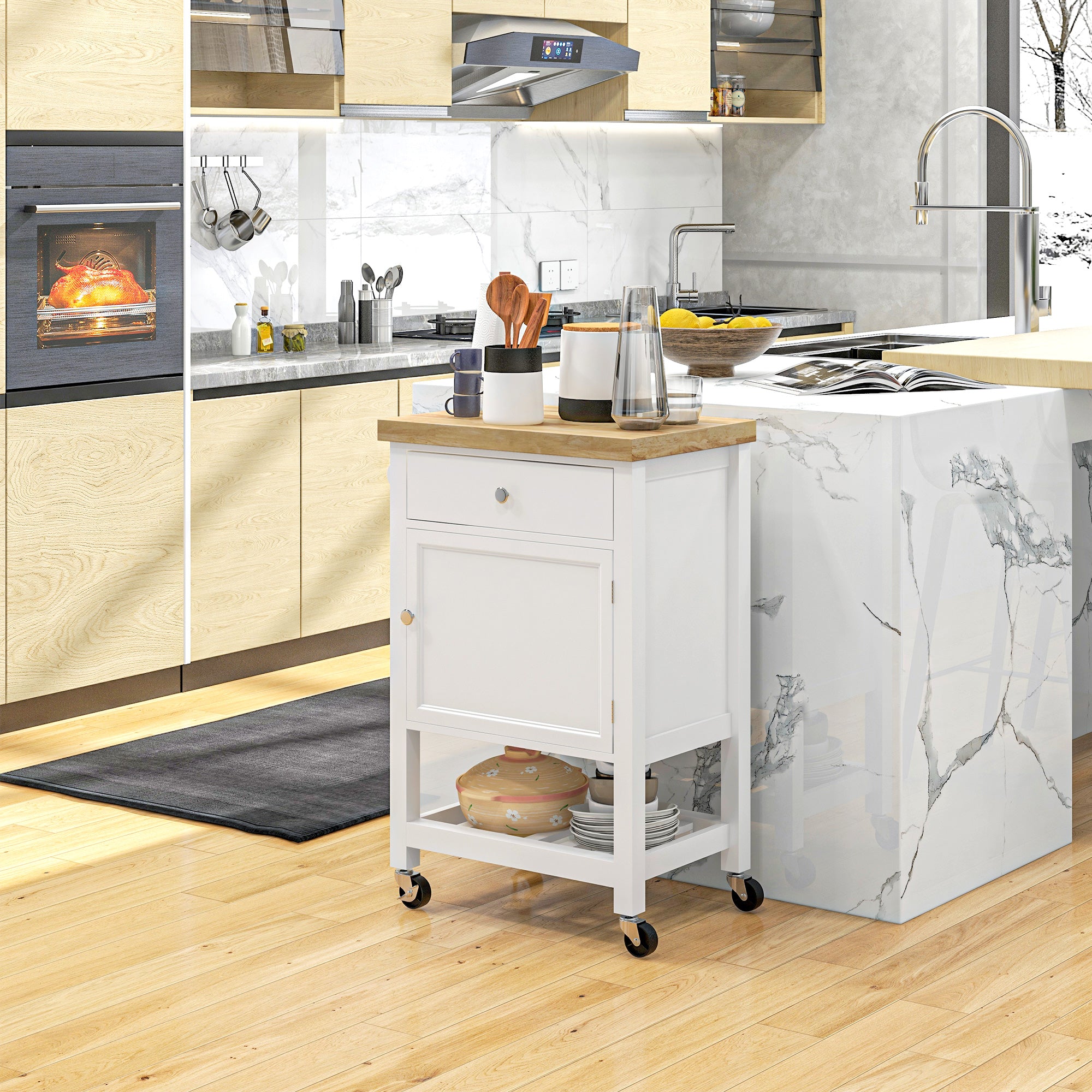 Kitchen Island on Wheels, Rolling Kitchen Cart with Rubberwood Top, Drawer, Wine Rack and Cabinet, White