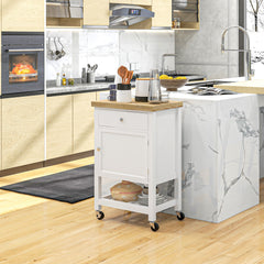 Kitchen Island on Wheels, Rolling Kitchen Cart with Rubberwood Top, Drawer, Wine Rack and Cabinet, White