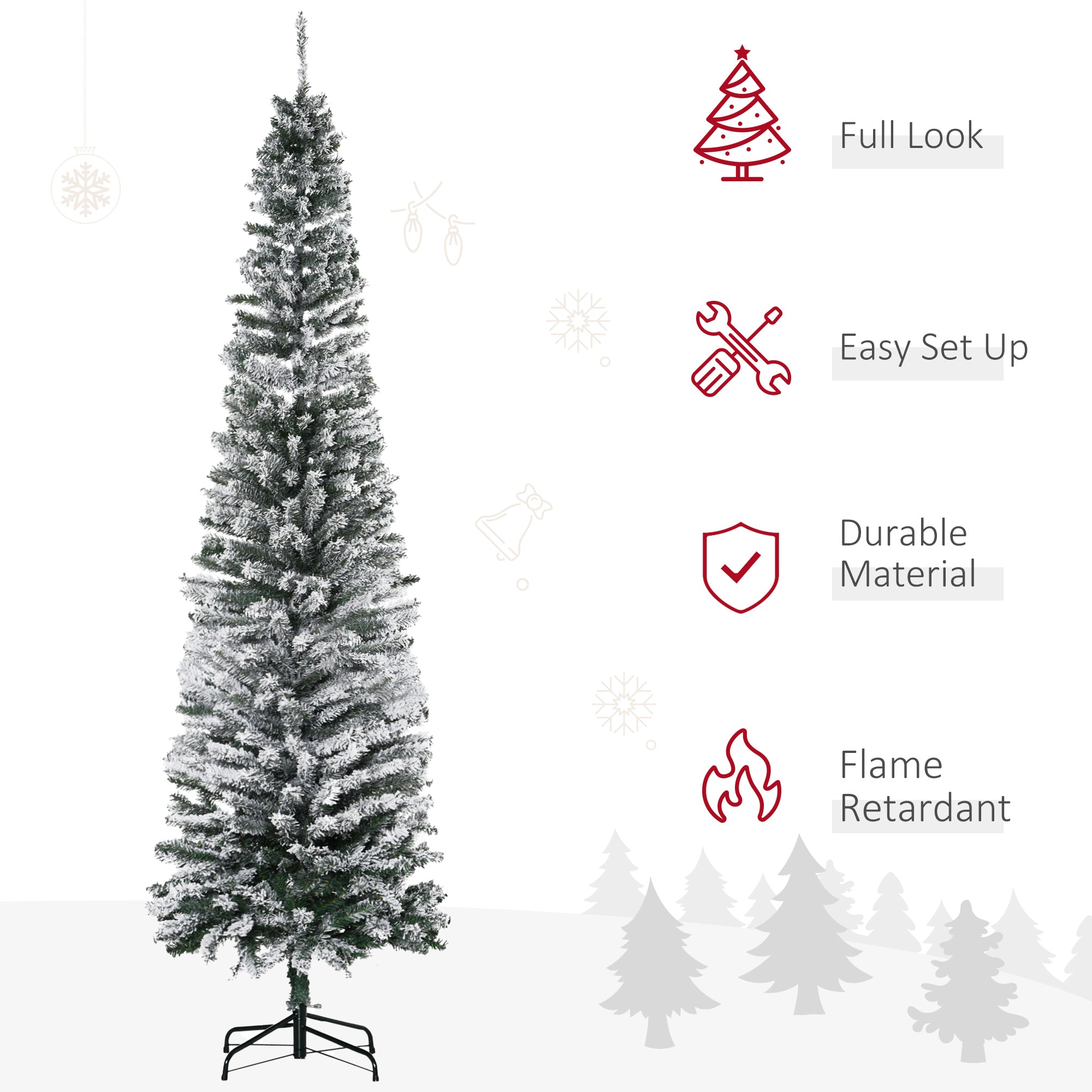 HOMCOM 7.5' Tall Unlit Snow-Flocked Slim Artificial Christmas Tree With Realistic Branches And 738 Tips