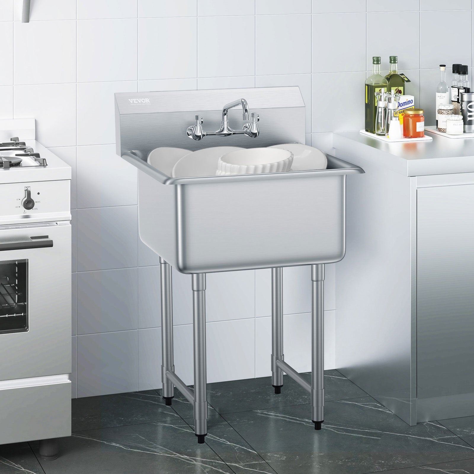 Stainless Steel Prep & Utility Sink, 1 Compartment Free Standing Small Sink Include Faucet & Legs, 27'x41' Commercial Single Bowl Sinks For Garage, Restaurant, Kitchen, Laundry