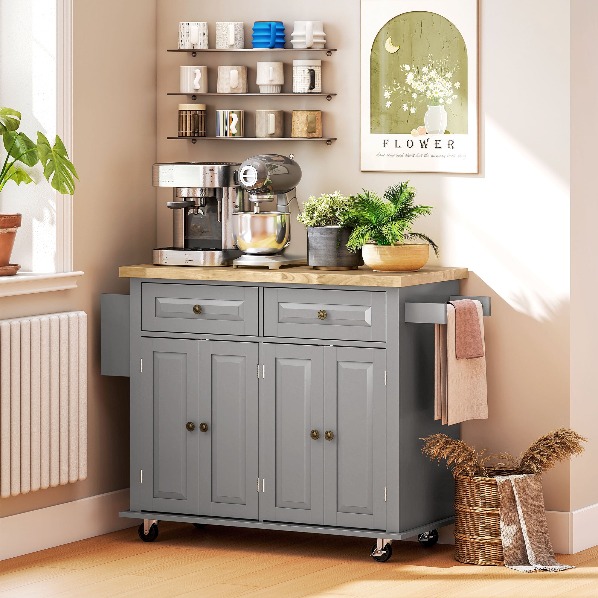 Kitchen Island Cart with Rubber Wood Top, Rolling Kitchen Island Table on Wheels with Drawers, Adjustable Shelves, Spice Rack and Towel Rack for Dining Room, Gray