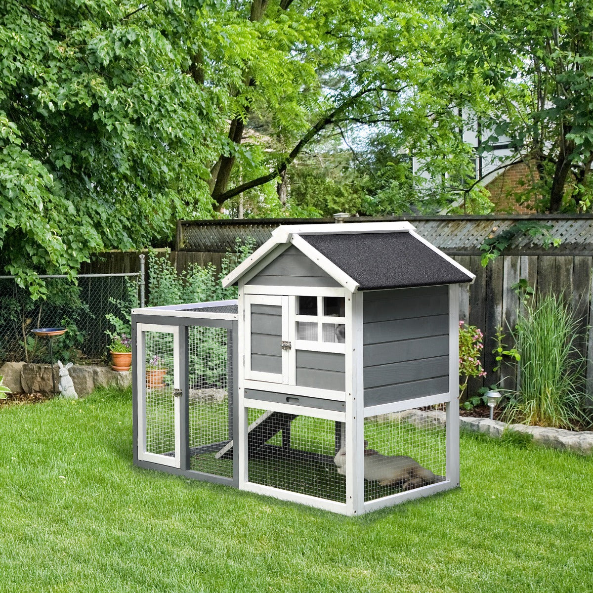 Indoor Rabbit Enclosure, 48" Weatherproof Wooden Rabbit Hutch, with Slanted Asphalt Roof & Fun Outdoor Run for Bunnies & Ferrets - Gray