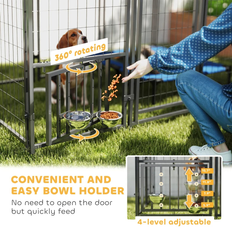 Outdoor Dog Kennel With Roof, Rotating & 4-Level Adjustable Bowls