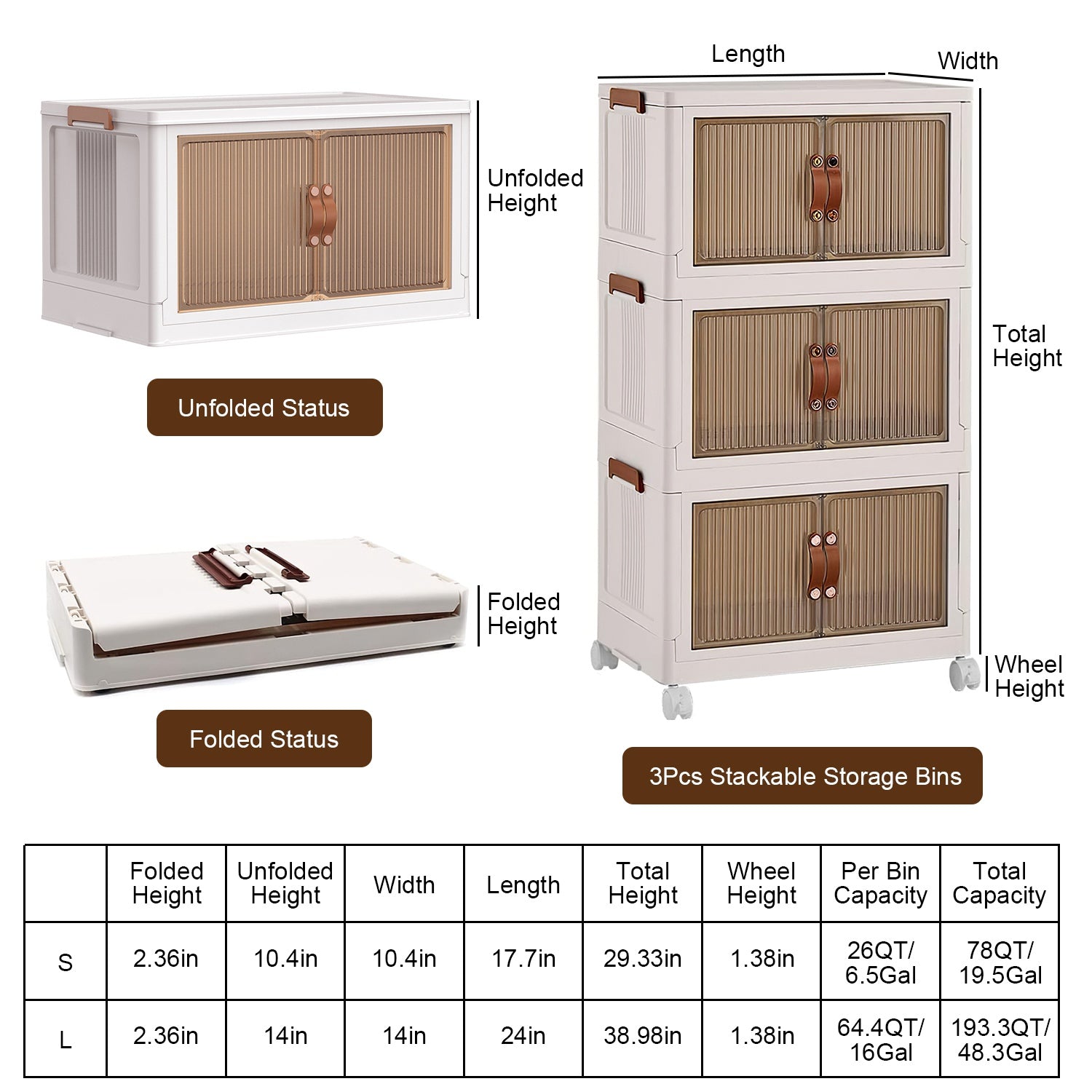 3Pcs Foldable Storage Bins With Lid Wheels Front Magnetic Door Fedex Shipping