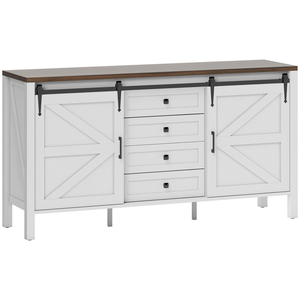 59" Buffet Cabinet, Farmhouse Sideboard with Thick Top, 2 Barn Doors, 4 Drawers and 2 Adjustable Shelves, White
