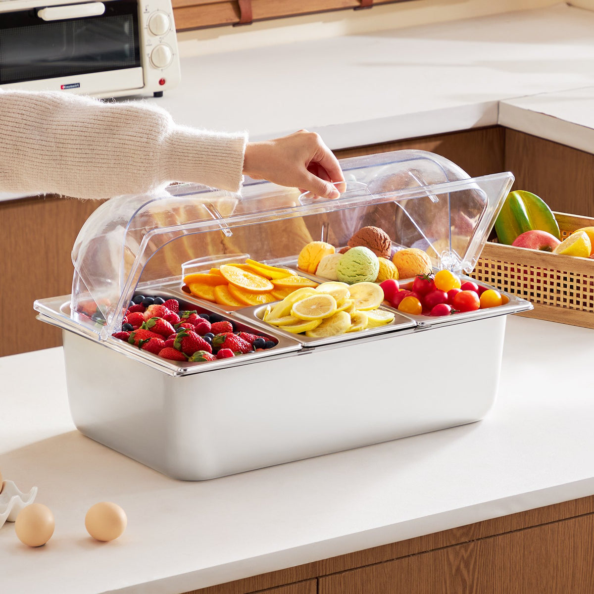 Countertop Food Serving Display Container 5 Pan Condiment Dispenser With Lid