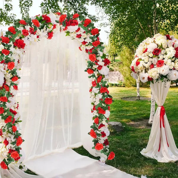 1Pc 16 Heads Artificial Rose Vine Fake Flower Garland Faux Silk Floral Hanging Ivy For Wedding Arch Party Ceremony Background Wall Garden Outdoor Decor 7.5Ft