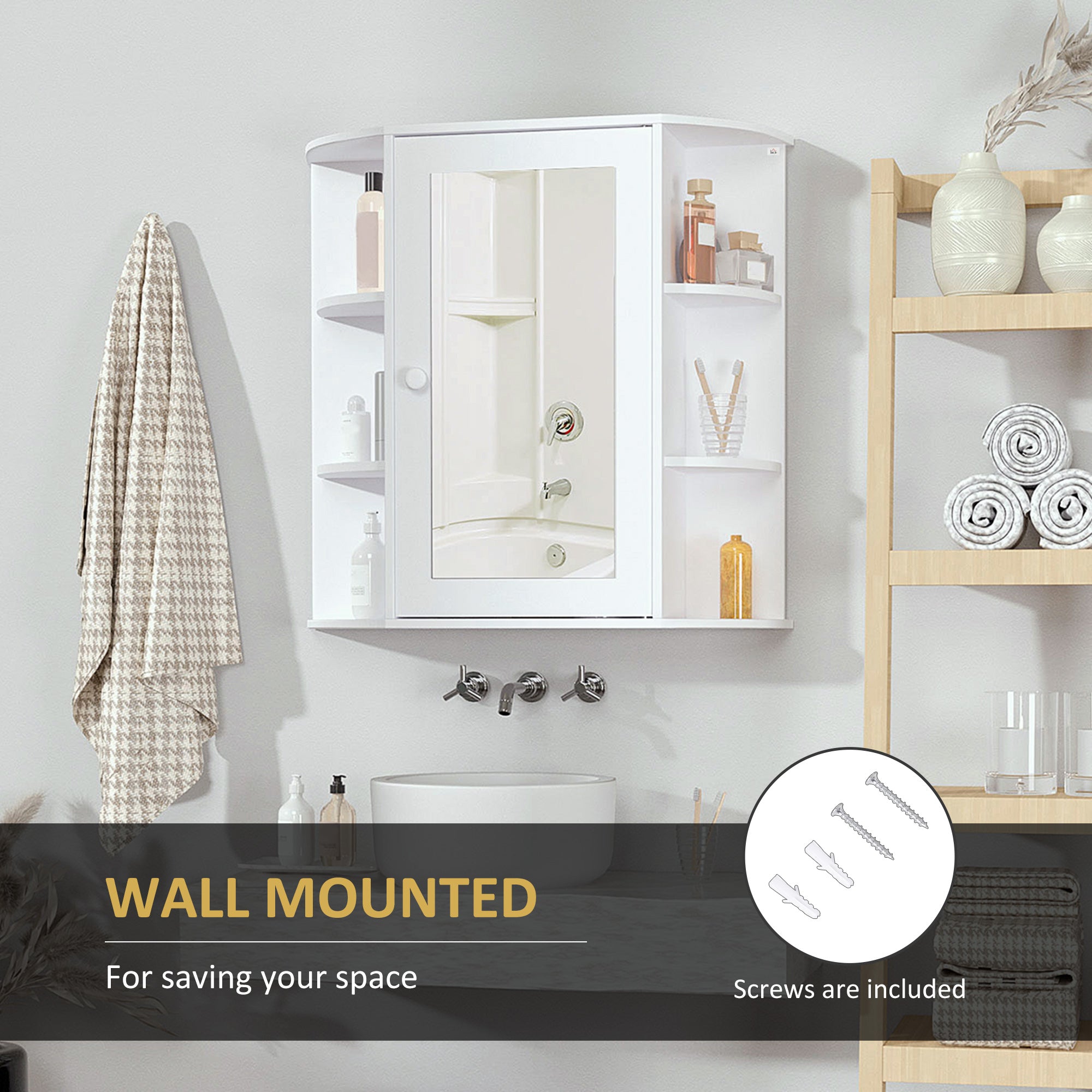 Bathroom Medicine Cabinet with Mirror, Bathroom Mirror Cabinet, Wall Mount Mirror Medicine Cabinet with Multiple Storage Shelves, White