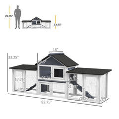 Outdoor Rabbit House 83" 2 Story Deluxe XL Wooden Rabbit Hutch, Big Bunny Cage w/ Ladder and Run, Dark Gray
