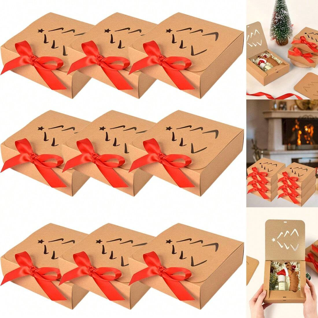 10PCS Christmas Gift Box With Lids Kraft Paper Gift Box With Ribbon Christmas Tree Present Treat Boxes For Holiday Party Favor Supplies