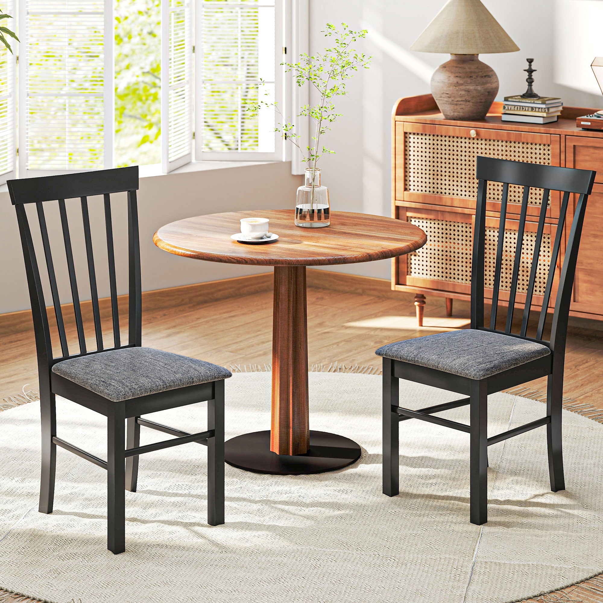 Wooden Dining Chairs Set of 2, Farmhouse Upholstered Kitchen Chairs with Rubber Wood Frame, Black and Gray